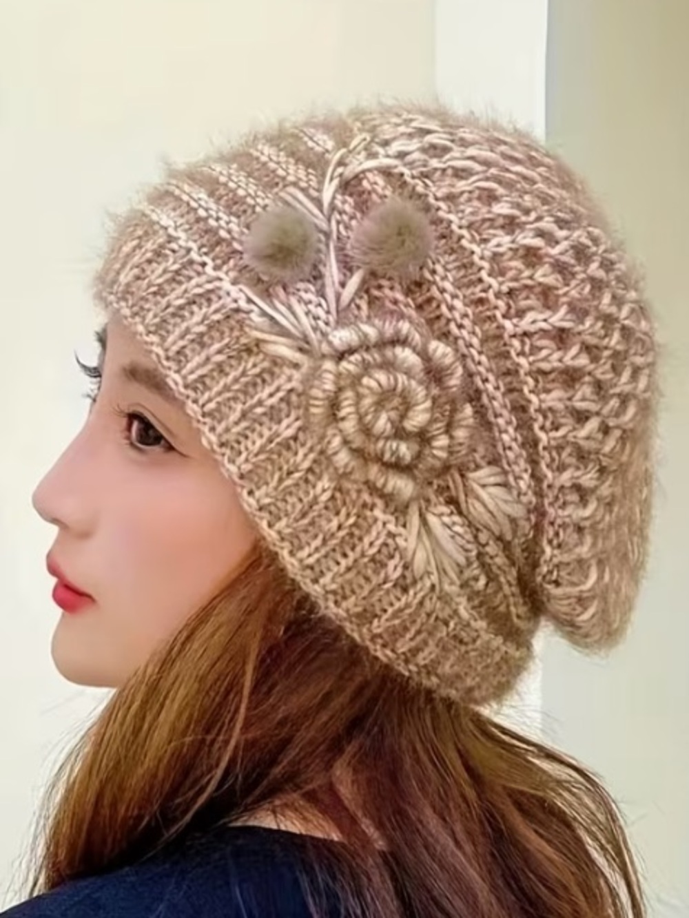 Cream & Tan Knit Beanie with Flower & Pom Pom Accents